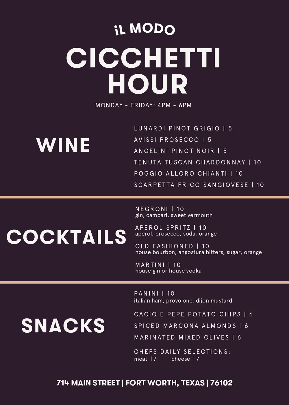 Cicchetti Hour IL Modo menu